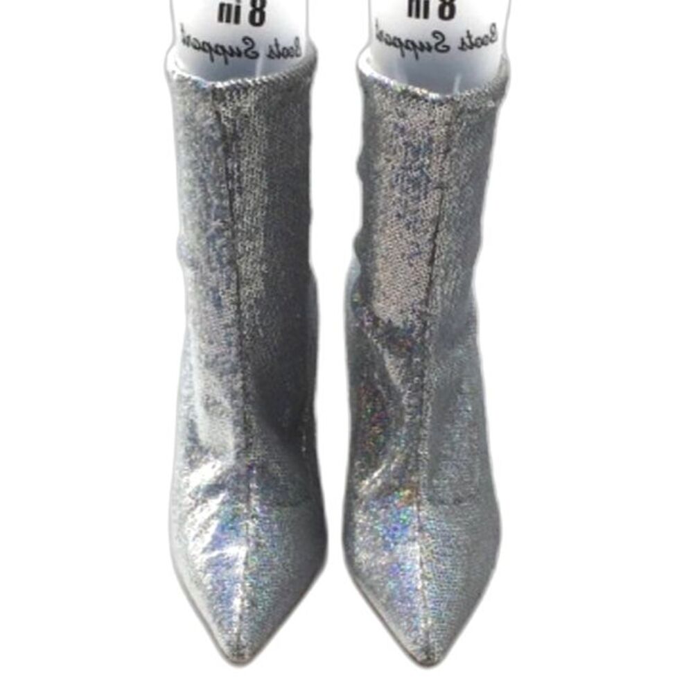 STUART WEITZMAN 85 Stretch Silver Sequin Bootie - Picture 2 of 9
